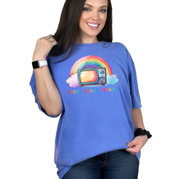 Retro TV Rainbow Graphic Tee, Vintage Television Technicolor Dreams Shirt, Colorful Rainbow Clouds Design, Nostalgic Gift T-Shirt, Flo Blue Comfort Colors T-Shirt, Small