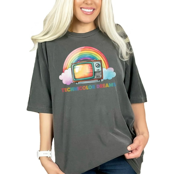 Retro TV Rainbow Graphic Tee, Vintage Television Technicolor Dreams Shirt, Colorful Rainbow Clouds Design, Nostalgic Gift T-Shirt, Pepper Comfort Colors T-Shirt, Large
