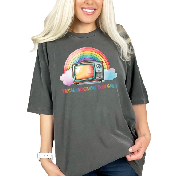 Retro TV Rainbow Graphic Tee, Vintage Television Technicolor Dreams Shirt, Colorful Rainbow Clouds Design, Nostalgic Gift T-Shirt, Pepper Comfort Colors T-Shirt, XL