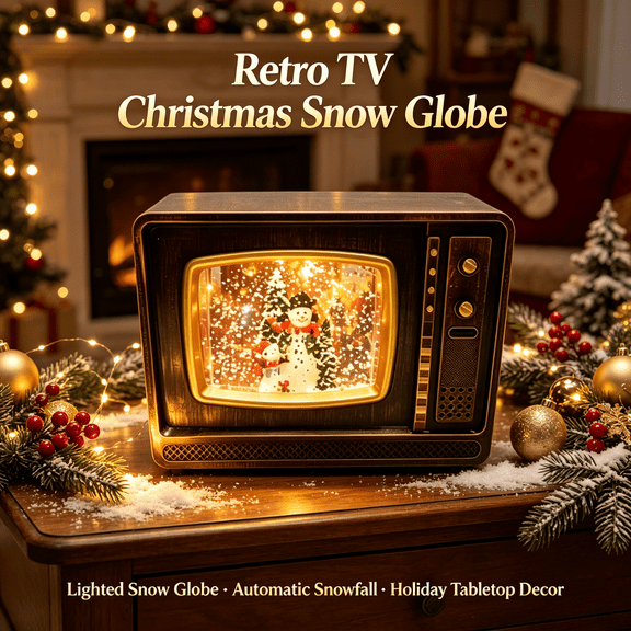 Retro TV Shaped Christmas Snow Globe, Lighted Warm Glow Tabletop Decoration, Automatic Snowfall Figurine for Xmas Indoor Home Display