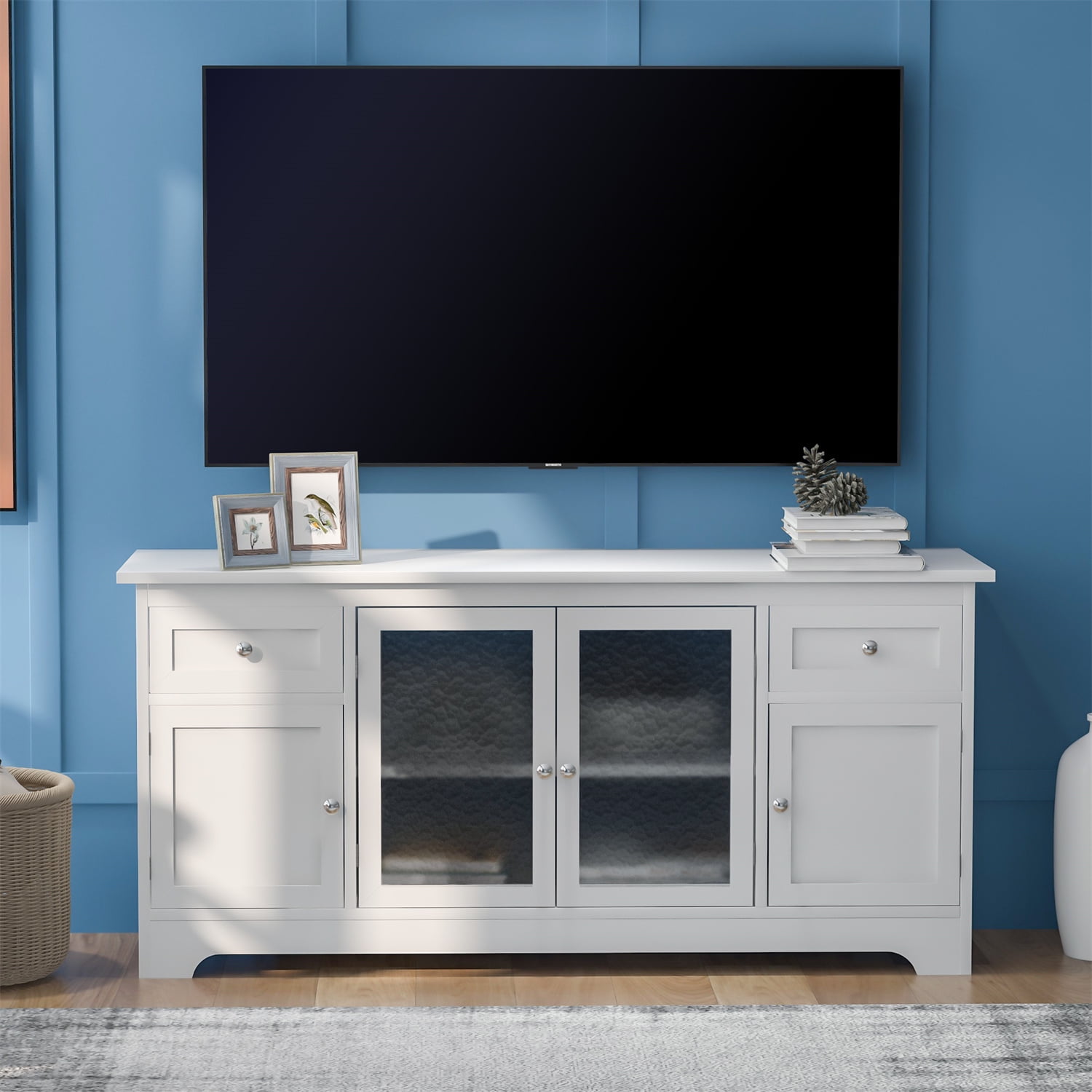 Retro TV Stand with 2 Glass Doors and 2 Drawers Wooden TV Console Table Sideboard for TV up to 65in Modern TV Cabinet with Cable Management Hole and