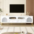 thumbnail image 1 of Retro TV Stand for TVs up to 85", Entertainment Center with 4 Drawers & 2 Glass Cabinets, Media Console with Six Metal Legs and Anti-Tip Device, White, 1 of 8