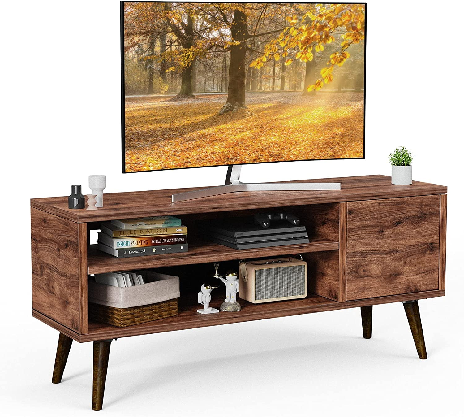 Retro TV Stand Unit with Storage Cabinet for TVs up to 55 inch Mid Century Modern TV Entertainment Center for Media Wooden TV Console Table for