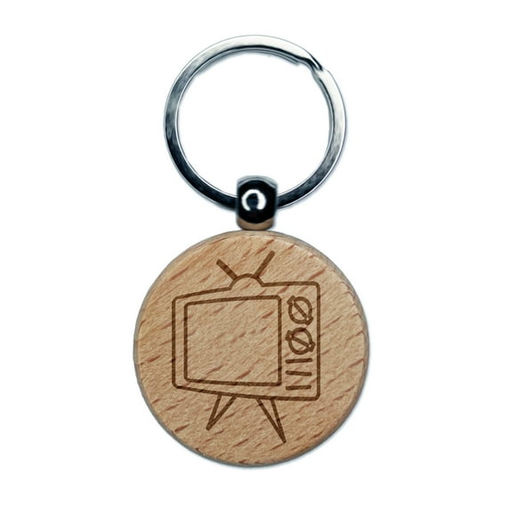 Retro TV Television Round Keychain Charm Tag - Engraved Wood