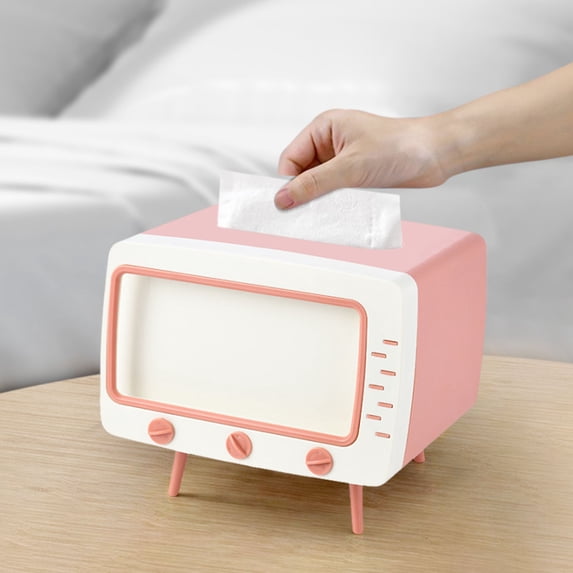 Retro TV Tissue Box Holder with Phone Stand for Bedroom Living Room Bathroom Kitchen Office - Decorative Tissue Dispenser Cover with Storage Compartment