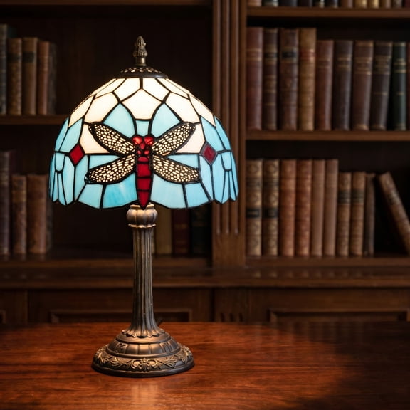 Retro Table Lamp Green Dragonfly Stained Glass Bedside Lamp Antique Unique Cute Accent Nightstand Light for Home Living Room Office Dormitory Bar Decorate