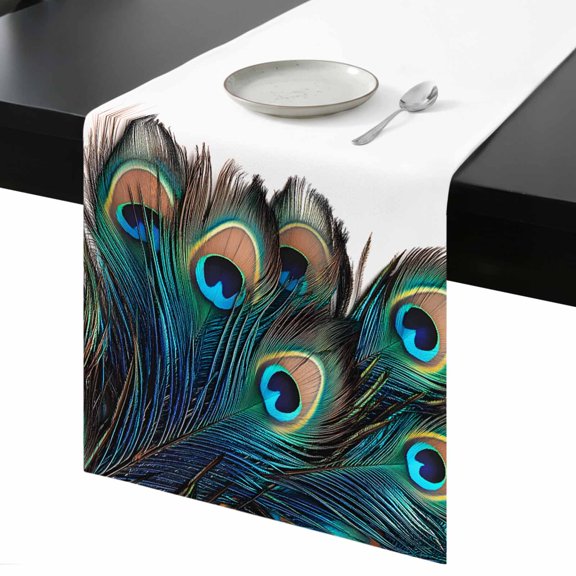 Retro Table Runner 13x36 Inch Peacock Feathers Abstract Art Table Runner Non-Slip Dresser Scarves for Holiday Decorations, Party, Dinner and Gatherings, 1 Pack