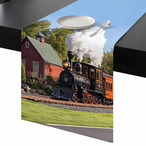 Retro Table Runner 13x48 Inch Train Motor Vehicle Building Sky Grass Country Scenery Table Runner Non-Slip Dresser Scarves for Holiday Decorations, Party, Dinner and Gatherings, 1 Pack