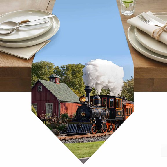 Retro Table Runner 36 Inches Long Train Motor Vehicle Building Sky Grass Country Scenery Table Runners for Dining Room Tabletop Dresser Scarf Home Party Banquet Wedding Holiday Decoration