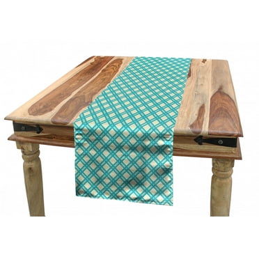 Retro Table Runner, Aqua Colored Monochrome Checked Pattern Geometric Diagonal Striped Tile Design, Dining Room Kitchen Rectangular Runner, 3 Sizes, by Ambesonne