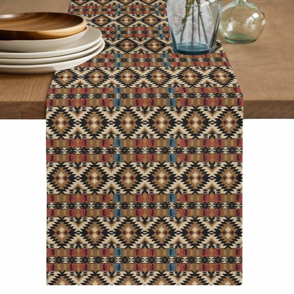 Retro Table Runner, Country Southwest Brown Ethnic Style Pattern Cotton Linen Kitchen Table Decoration Washable Dining Tabletop Runners for Home Party Decor 13x36 Inches