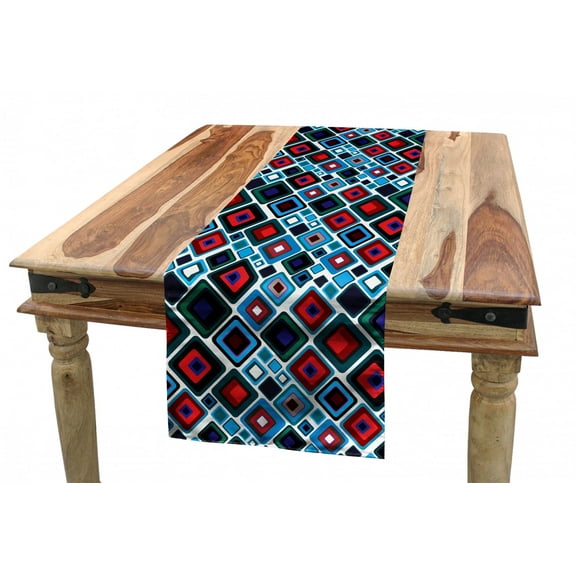 Retro Table Runner, Diagonal Squares of Different Sizes with Rounded Edges Geometrical Abstract Design, Dining Room Kitchen Rectangular Runner, 3 Sizes, by Ambesonne