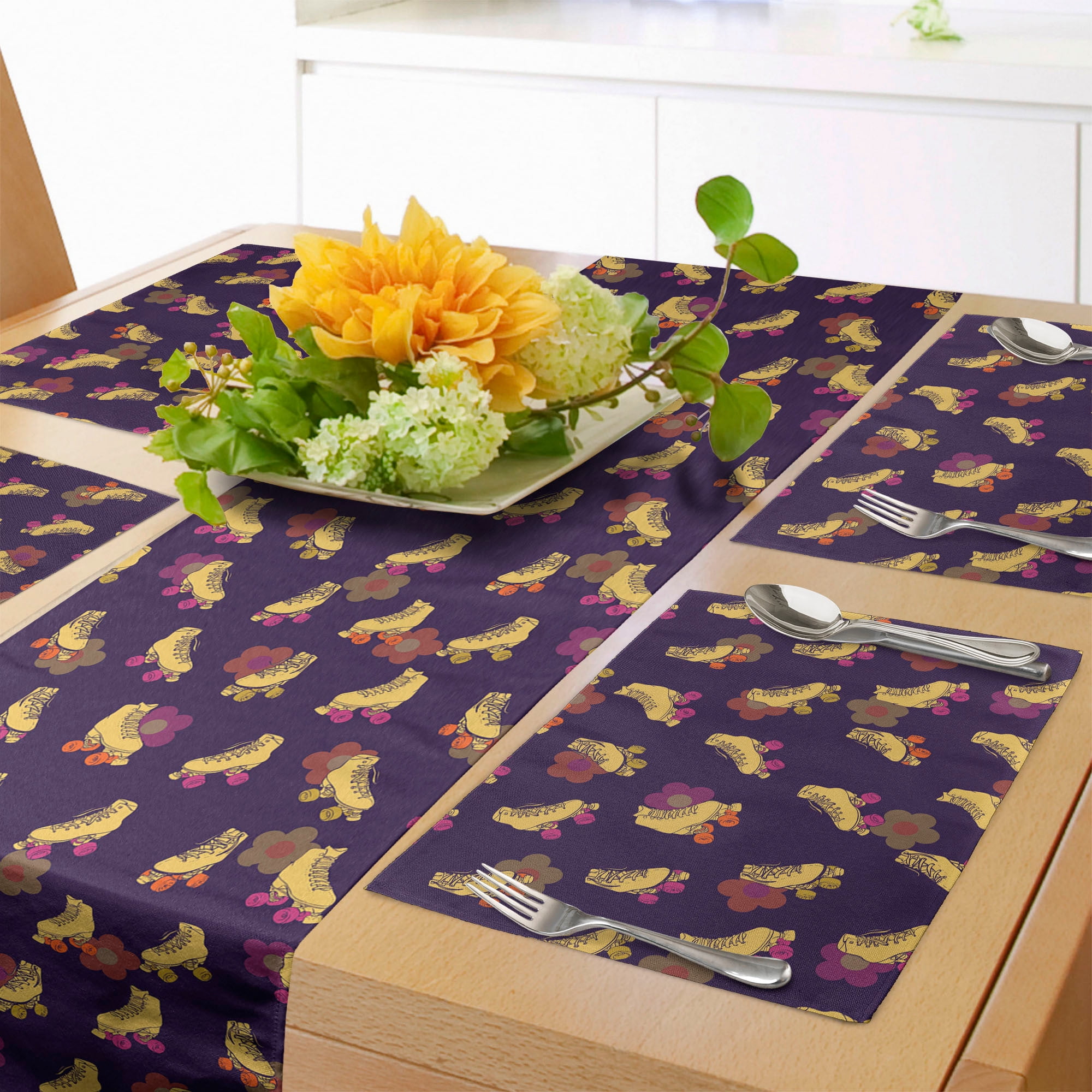 Retro Table Runner & Placemats, Vintage Girly Roller Skates Hippie