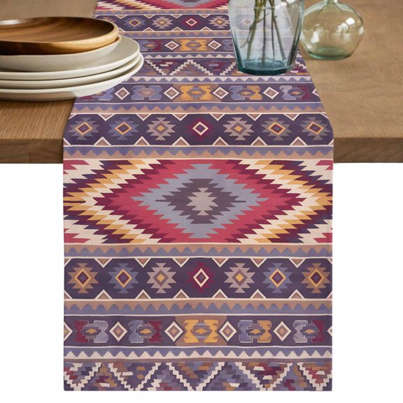 Retro Table Runner, Southwest Purple Ethnic Style Pattern Cotton Linen Kitchen Table Decoration Washable Dining Tabletop Runners for Home Party Decor 13x36 Inches