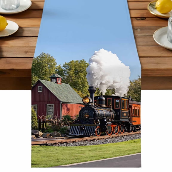 Retro Table Runner, Train Motor Vehicle Building Sky Grass Country Scenery Cotton Linen Table Cloth, Tablerunner for Kitchen Dining Party Wedding Home Decor 13x36 Inch