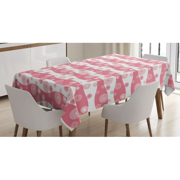 Retro Tablecloth, Monochrome Repeating Spirals Swirls Ornament on a Wavy Stripes Background, Rectangular Table Cover for Dining Room Kitchen, 52 X 70 Inches, Off White and Pink, by Ambesonne