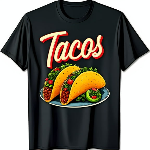 Retro Tacos Graphic Black T-Shirt with Colorful Design Fun Tee