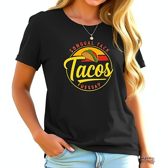 Retro Tacos Short Sleeve Cotton T-Shirt with Circular Design - " Congual Task Tuesday " in Yellow on Red Stripes