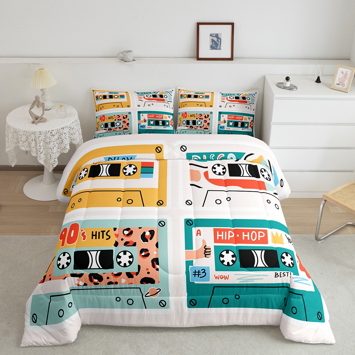 Retro Tape Cassettes Kids Bedding Set Colorful Vintage Audio Tapes