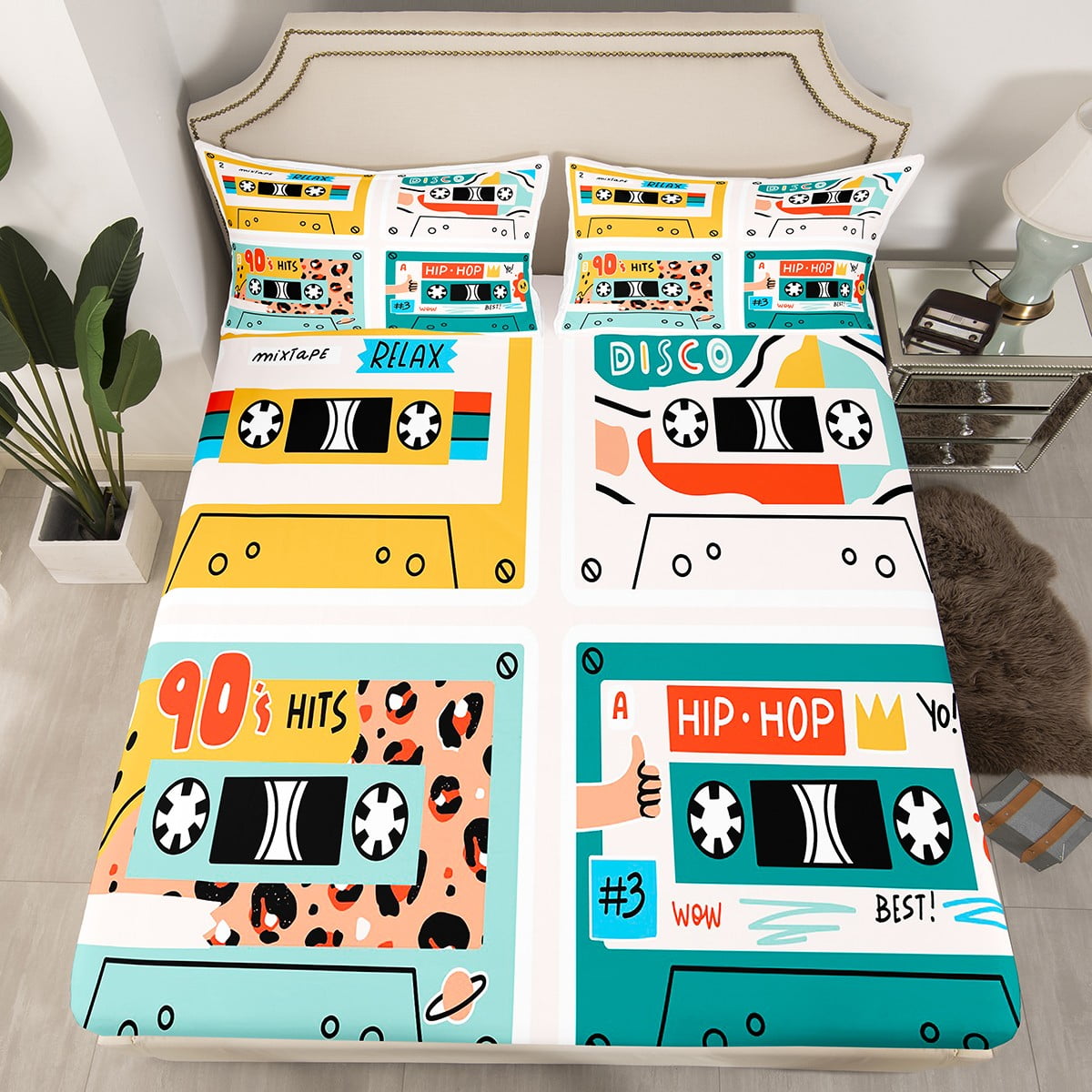 Retro Tape Cassettes Kids Bedding Set Colorful Vintage Audio Tapes