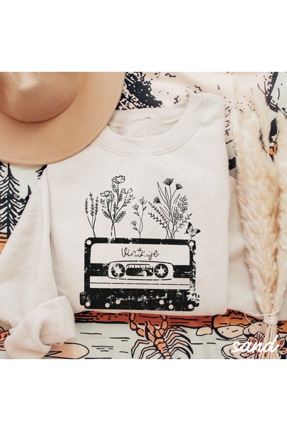 Retro Tape Pressed Flowers Boho Cottagecore Crewneck, Botanical Floral Pullover, Fairycore