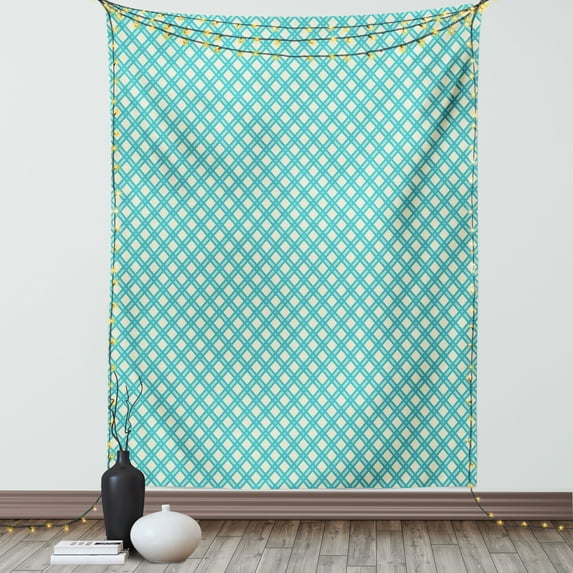 Retro Tapestry, Aqua Colored Monochrome Checked Pattern Geometric Diagonal Striped Tile Design, Wall Hanging for Bedroom Living Room Dorm Decor, 40W X 60L Inches, Aqua and White, by Ambesonne