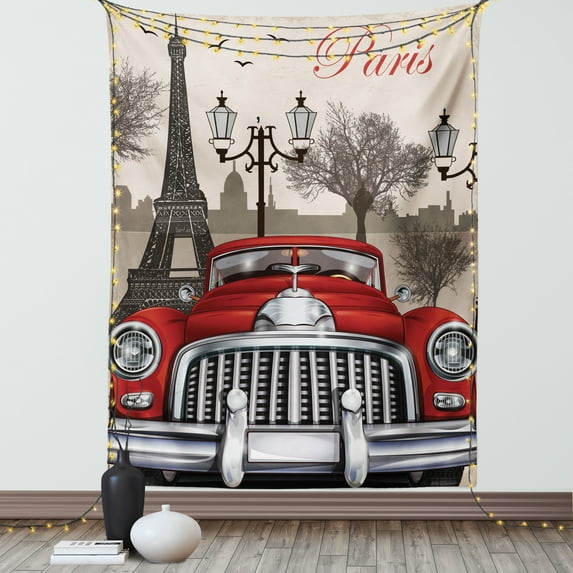Retro Tapestry, European Parisian City Scenery with Old Auto Mousque and Eiffel Silhouette Art, Wall Hanging for Bedroom Living Room Dorm Decor, 40W X 60L Inches, Red Cream Grey, by Ambesonne