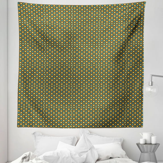 Retro Tapestry, Geometrical Pattern Design from Seventies Yellow and Blue Star-like Shapes, Fabric Wall Hanging Decor for Bedroom Living Room Dorm, 5 Sizes, Brown Blue and Yellow, by Ambesonne