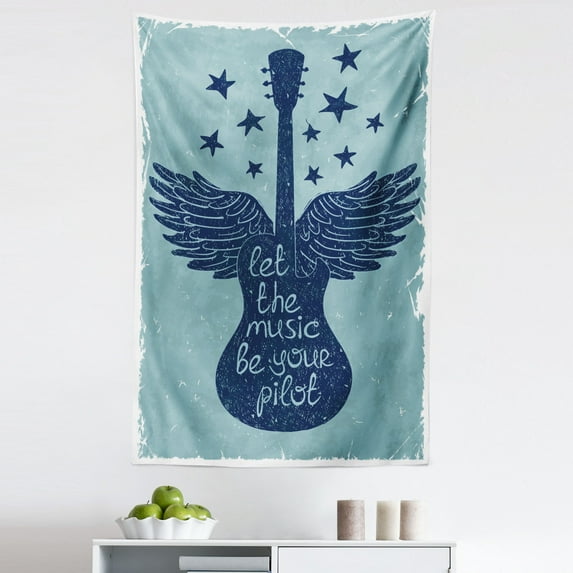 Retro Tapestry, Let the Music Be Your Pilot Words Winged Electronic Guitar and Stars Retro Print, Fabric Wall Hanging Decor for Bedroom Living Room Dorm, 5 Sizes, Dark Blue, by Ambesonne