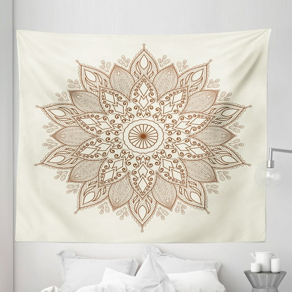 Retro Tapestry, Lotus Inspired Flower Lace Circle Ornate Retro Pattern Eastern Universe Theme, Fabric Wall Hanging Decor for Bedroom Living Room Dorm, 5 Sizes, Brown and Ivory, by Ambesonne