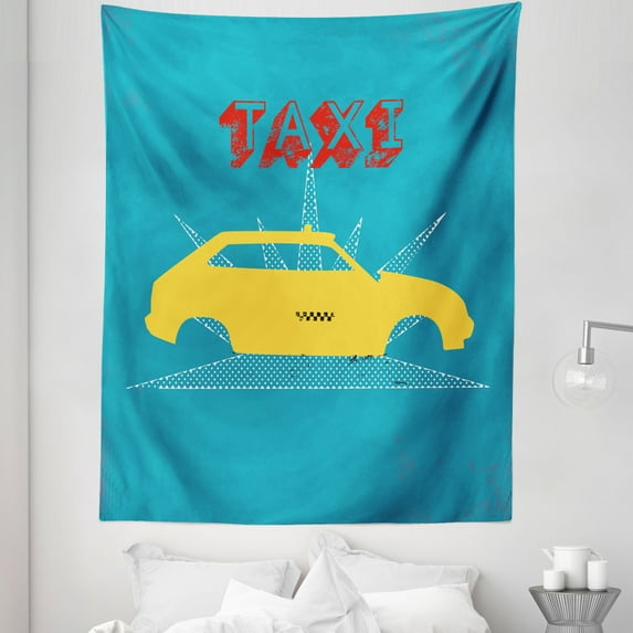 Retro Tapestry, Old Cab Car with Grunge Taxi Typography Automobile 90s Graphic Design, Fabric Wall Hanging Decor for Bedroom Living Room Dorm, 5 Sizes, Petrol Blue Yellow, by Ambesonne