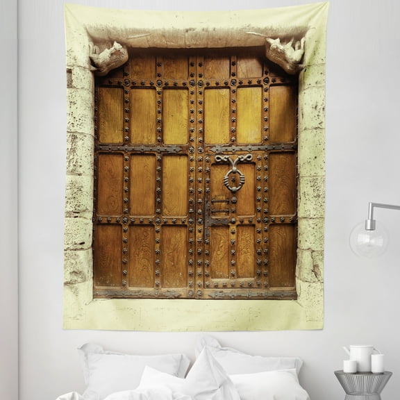 Retro Tapestry, Rustic Door Design Vintage Composition Architecture Elements, Fabric Wall Hanging Decor for Bedroom Living Room Dorm, 5 Sizes, Cream Pale Brown, by Ambesonne