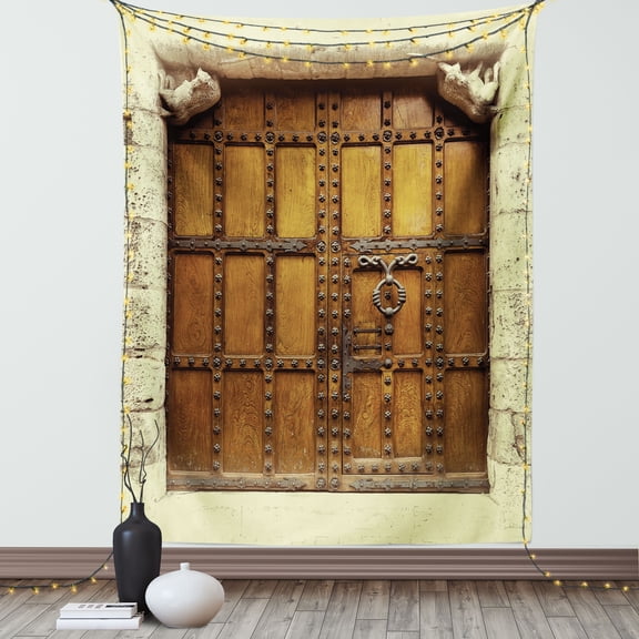 Retro Tapestry, Rustic Door Design Vintage Composition Architecture Elements, Wall Hanging for Bedroom Living Room Dorm Decor, 60W X 80L Inches, Cream Pale Brown and Charcoal Grey, by Ambesonne