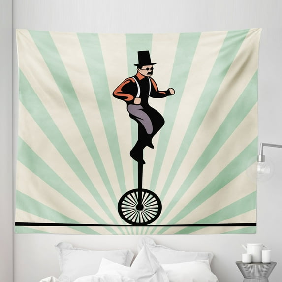 Retro Tapestry, Vintage Inspired Circus Man on Monowheel Bike with Sun Rays, Fabric Wall Hanging Decor for Bedroom Living Room Dorm, 5 Sizes, Eggshell Pale Green, by Ambesonne