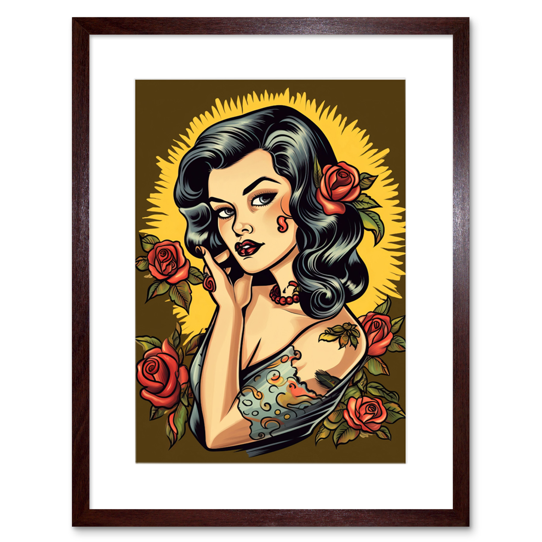 Retro Tattoo Ink Body Art Pin Up Girl Roses Sun Rockabilly Americana 50s Artwork Framed Wall Art