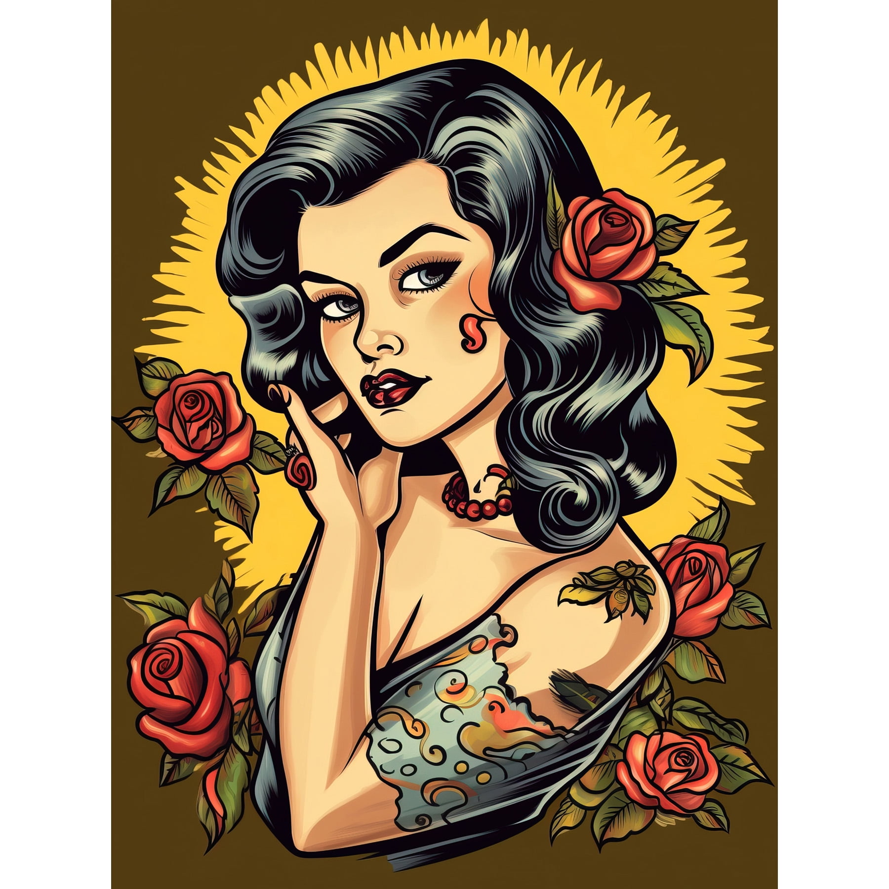 Retro Tattoo Ink Body Art Pin Up Girl Roses Sun Rockabilly Americana 50s  Art Print Framed Poster Wall Decor 12x16 inch 