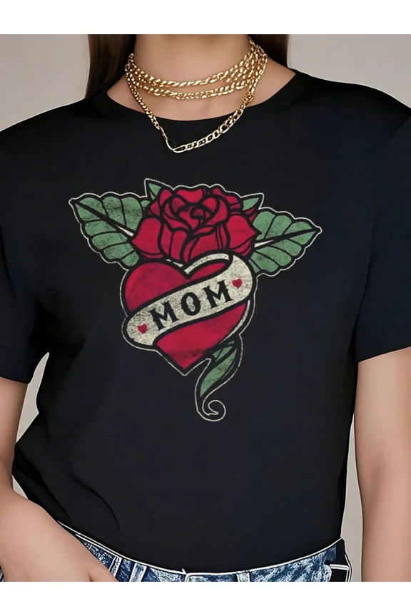 Retro Tattoo Style MOM Rose Heart Graphic T-Shirt, Thoughtful Mother's Day Apparel Gift for Women, Trendy Ladies Crewneck Tee