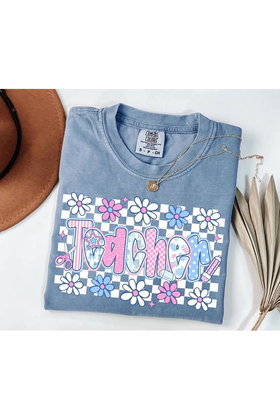Retro Teacher Floral Checkered Design T-Shirt All Size S-3XL
