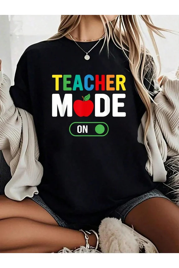 Retro Teacher Mode On Graphic T-Shirt Cute School Educator Appreciation Gift for Women Short Sleeve Casual Top Colorful Apple Design