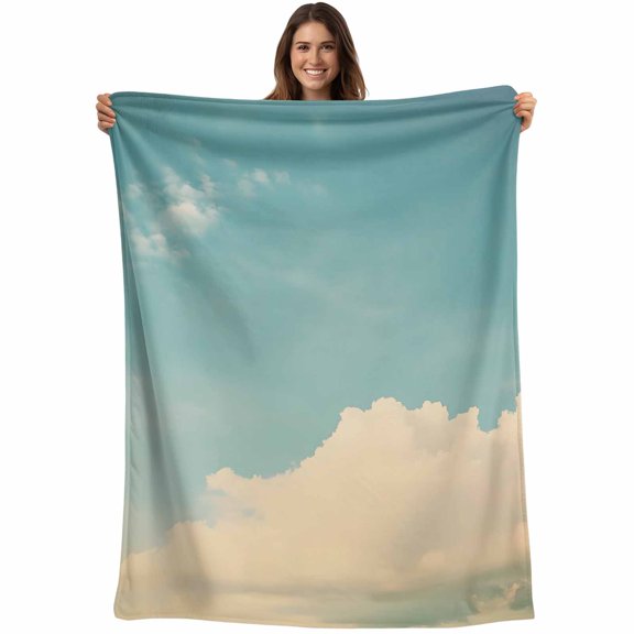 Retro Teal Blue Sky Blanket Soft Cozy Warm Throw Blanket for Couch, Plush Fuzzy Flannel Fleece Blankets for Sofa, Farmhouse White Clouds Landscape Bed Blankets Lightweight Gifts for Women, 50"x60"