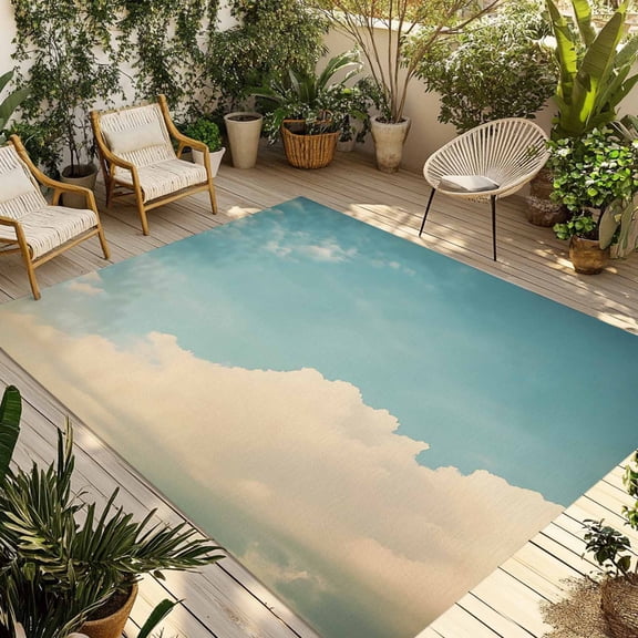 Retro Teal Blue Sky Outdoor Rug 3x5 Ft - Reversible Patio Rug Outdoor Camping Rugs, Farmhouse White Clouds Landscape Washable Indoor Outdoor Area Rugs, Non-Slip Outdoor Carpet Runner for Deck/Porch