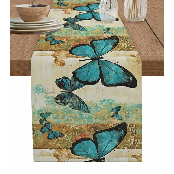 Retro Teal Butterfly Burlap Cotton Table Runner 13x48 Inches Long, Summer Butterflies Vintage Farmhouse Table Runners, Outdoor Dining Tablecloths Decor for Baby Shower/Party/Wedding