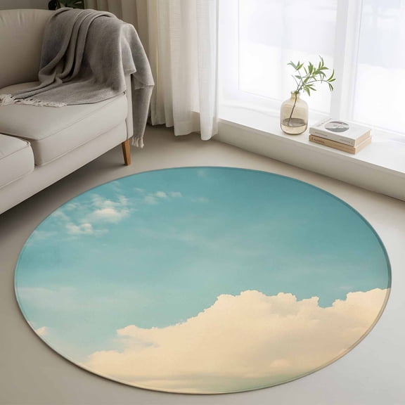 Retro Teal Cloudy Sky Round Rug 3ft Washable Circle Entryway Rugs Non Slip Farmhouse White Clouds Landscape Area Rug Indoor Floor Carpet for Bedroom Kitchen Living Room Home Office Dining Room