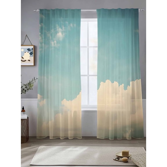 Retro Teal Cloudy Sky Sheer Curtains for Living Room Bedroom Farmhouse White Clouds Landscape Sheer Curtains 108 Inch Long 2 Panels Set Light Filtering Curtain Window Treatments Drapes