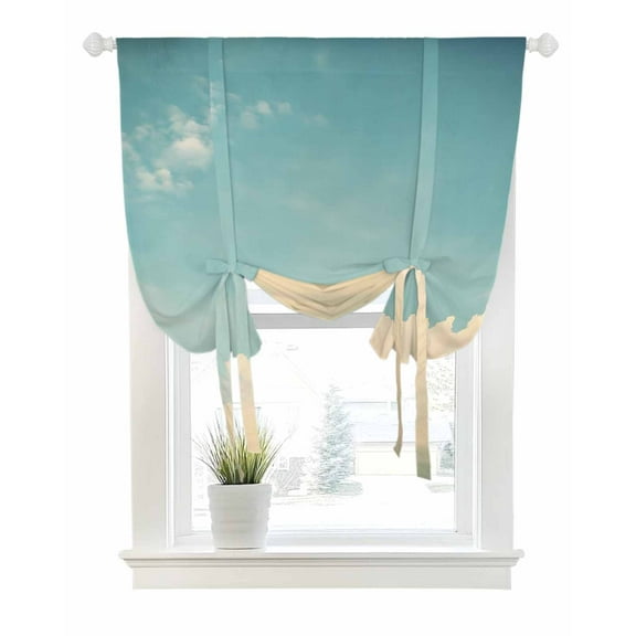 Retro Teal Cloudy Sky Tie Up Curtains for Window, Thermal Insulated Balloon Shade Adjustable Rod Pocket Curtains Valance Panels for Kitchen Bathroom Cafe 42 x 45 Farmhouse White Clouds Landscape