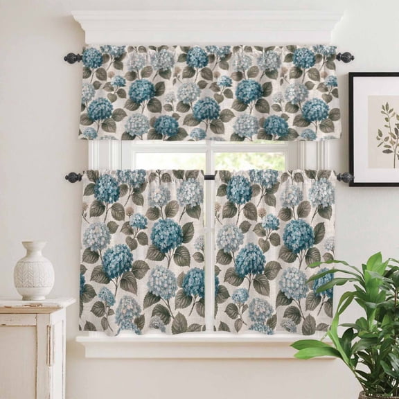 Retro Teal Hydrangea Flower Curtain Tier and Valance Set 3 Piece,Rustic Bloom Floral Leaves 3-inch Rod Pocket Window Tier Curtains Valance for Kitchen Living Room
