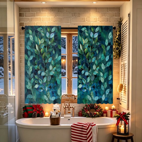 Retro Teal Leaf Botanical Stained Glass Print Polyester Curtain, multiple sizes, home decor for bedroom kitchen