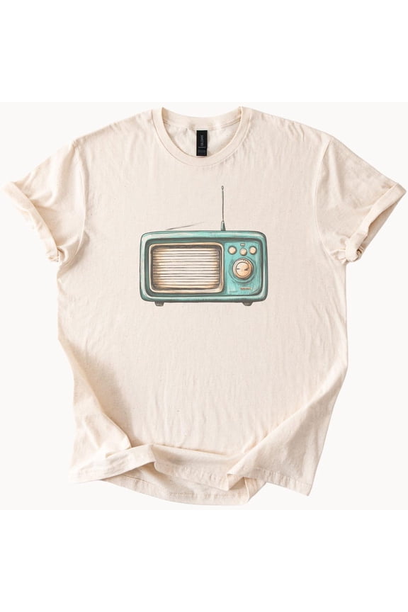 Retro Teal Radio Graphic On Natural Beige Tee Old School Music Fan Shirt Cool Nostalgic Unisex Soft Cotton Aesthetic Design Birthday Gifts; For Men & Women