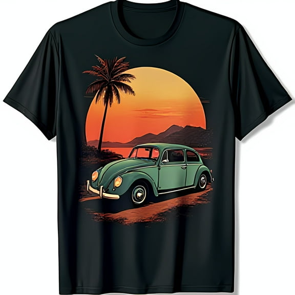 Retro Teal Sunset Graphic Black T-Shirt for Nostalgic Vibes