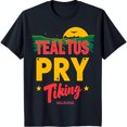 thumbnail image 1 of Retro Teal Tus Pry Tiking Graphic T-Shirt with Sunset & Bat Design, 1 of 5